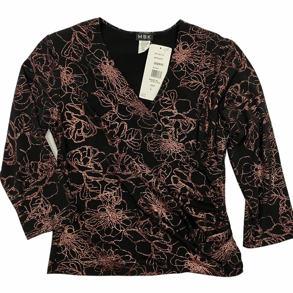 MSK Black Rose Gold Glitter Floral Wrap Top L - Picture 8 of 13